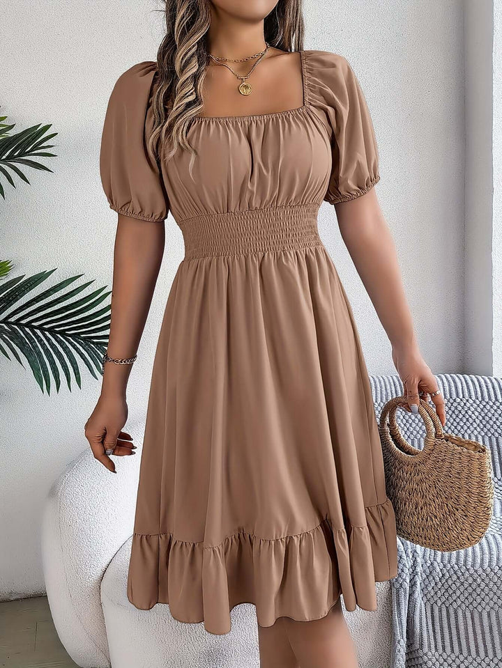 Women's Puff Sleeve Midi Dress with Smocked Bodice