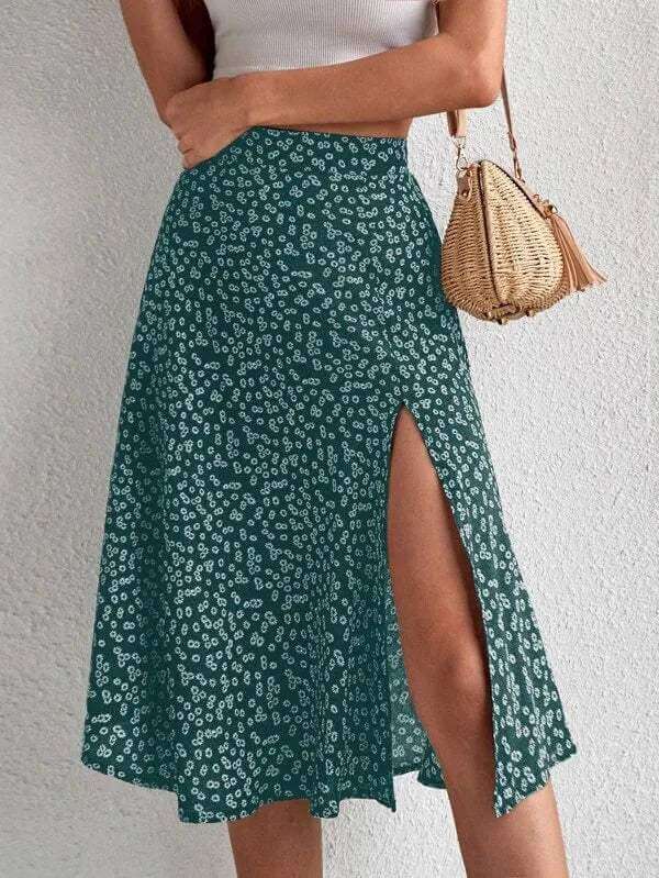 Women's Floral Print Midi Skirt: High Waisted A-Line