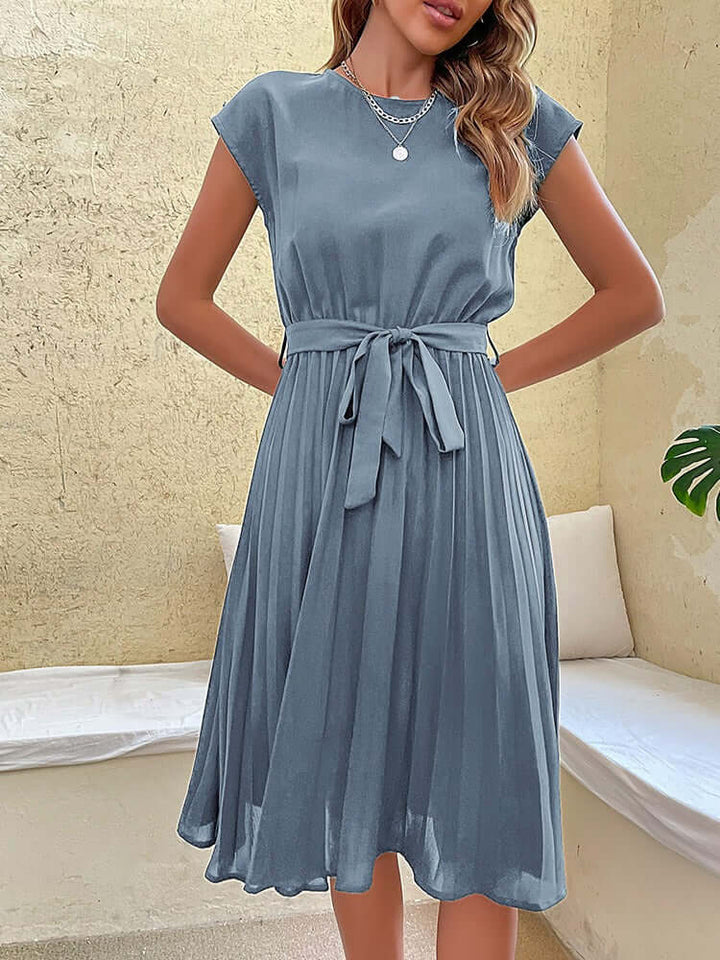 Elegant Midi Dress: Pleated Skirt, Cap Sleeves, Tie Waist