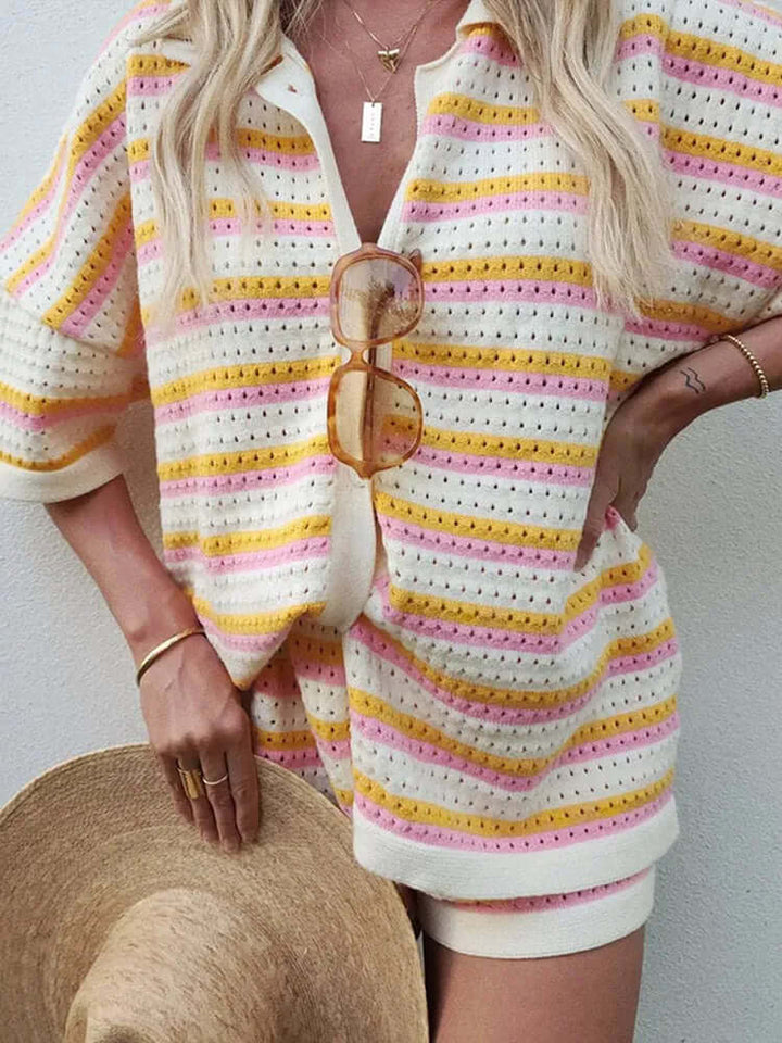 Women's Summer Knit Two-Piece Set: Striped Revere Collar Top & Shorts