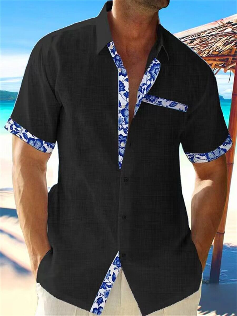Men's Breathable Linen Shirt: Casual Fit, Floral Trim