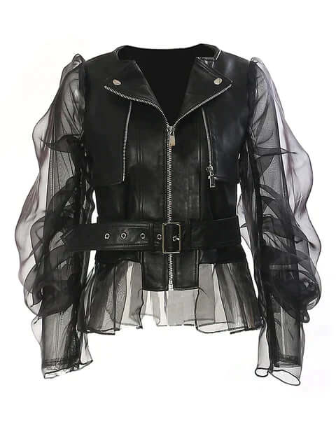 Women's Faux Leather Jacket with Sheer Ruffled Sleeves