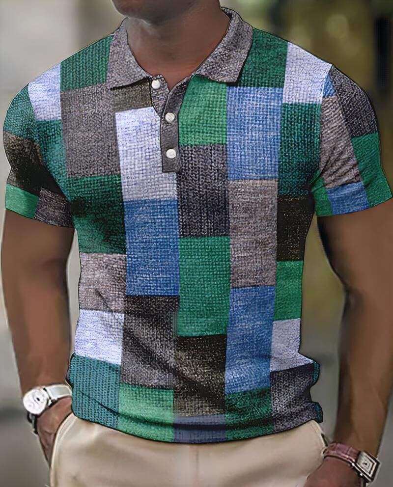 Men's Short Sleeve Polo Shirt with Geometric Patchwork
