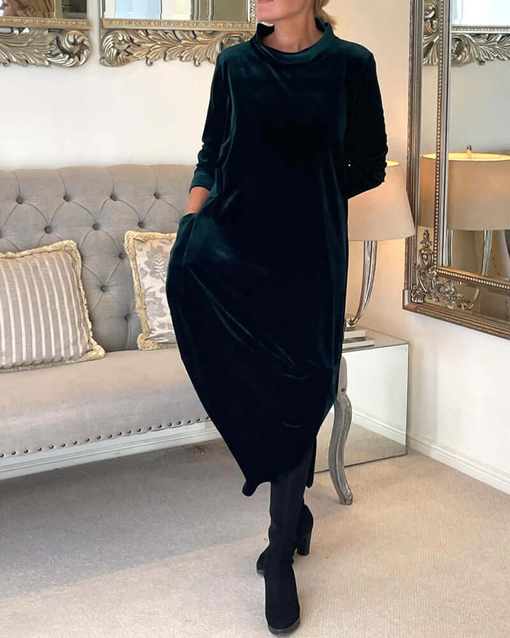 Women's Velvet Drape Dress: Long Sleeve, High Neck