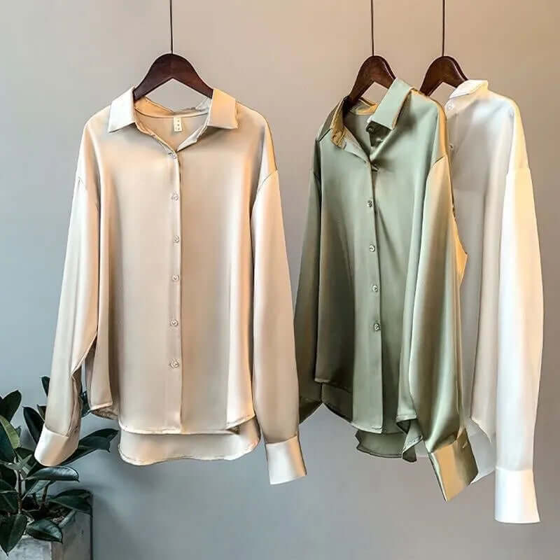 Women's Satin Long-Sleeve Blouse: Relaxed Fit, Button-Down