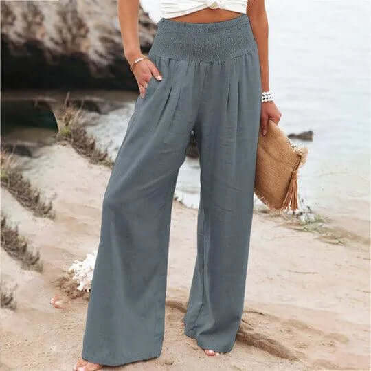Women's High-Waisted Wide Leg Linen Blend Trousers