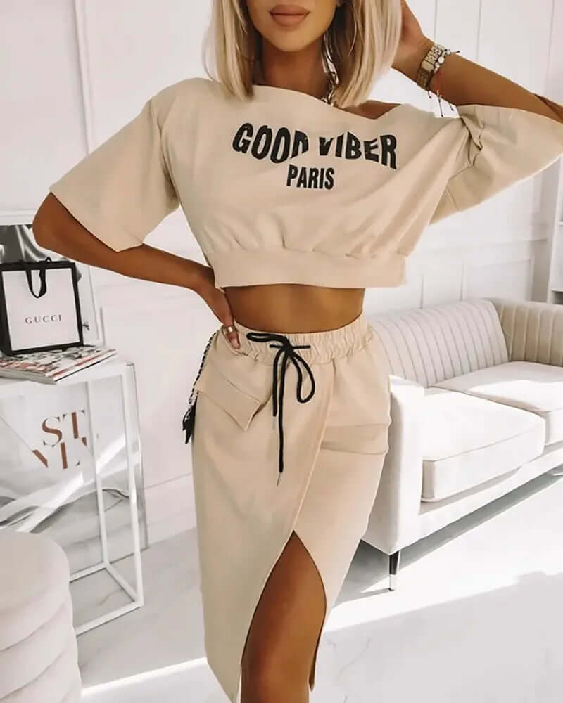 Women's Elegant One-Shoulder Crop Top & High-Split Skirt Set