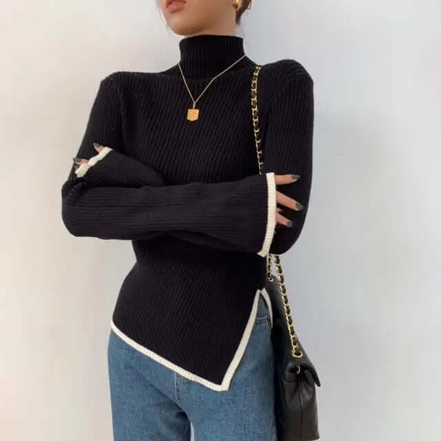 Women's Ribbed Turtleneck Knit Sweater, Long Sleeves, Asymmetric Hem