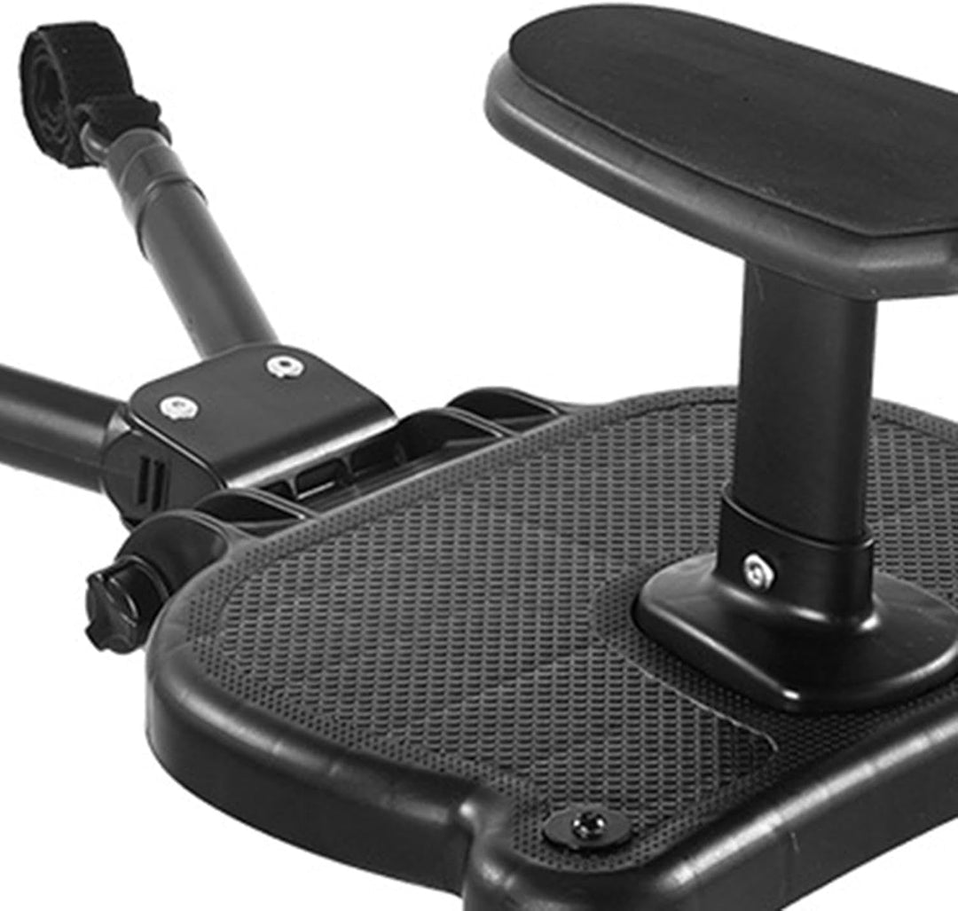 "2-wheel buggy board with seat for strollers, black with 360° swivel wheels, removable seat, non-slip platform, suits toddler