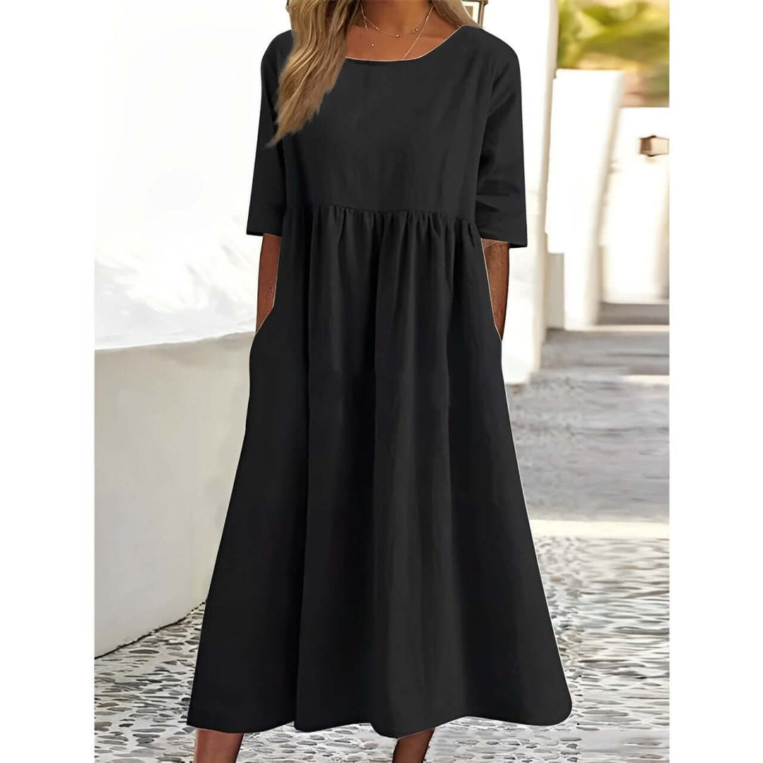 Women's Pleated Cotton Linen Midi Dress