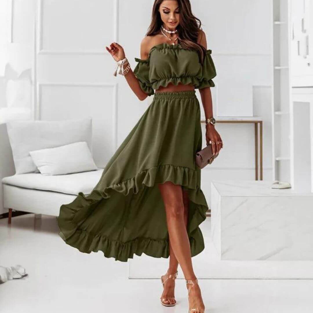 Women's Off-Shoulder Frill Trim Crop Top & Ruffle High-Low Skirt
