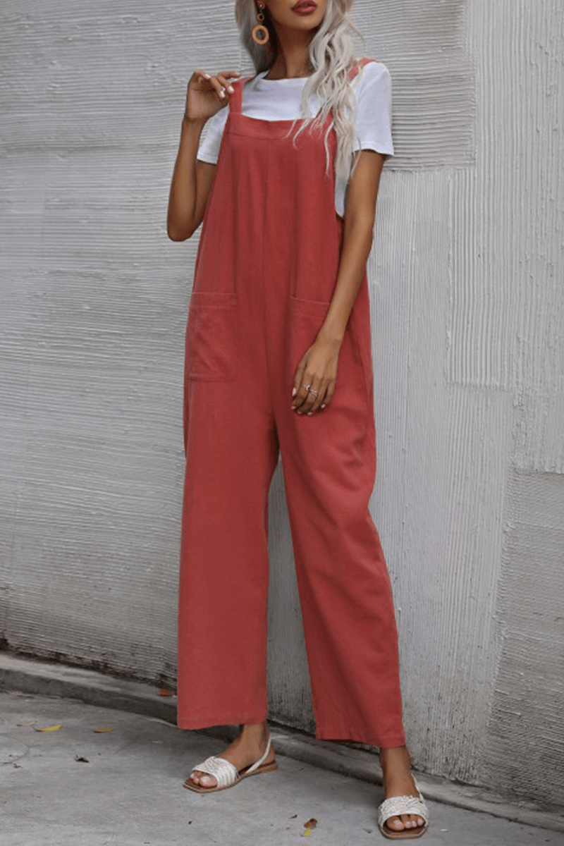 Women's Casual Pocket Button Straight Jumpsuit