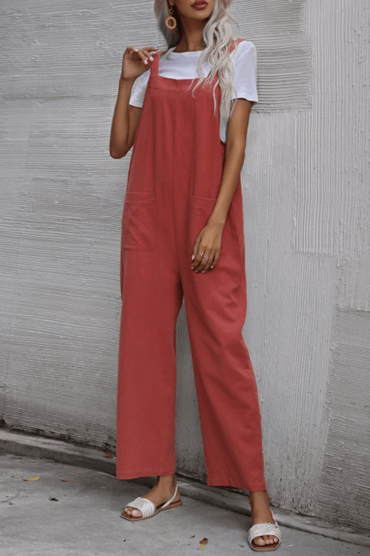 Women's Casual Pocket Button Straight Jumpsuit