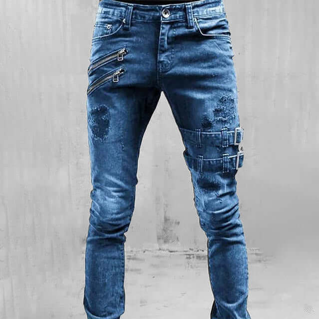 Men's Buckle Detail Skinny Ripped Jeans