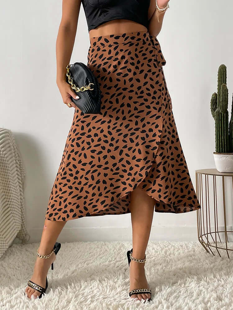 Women's Printed Midi Wrap Skirt with Asymmetrical Hem