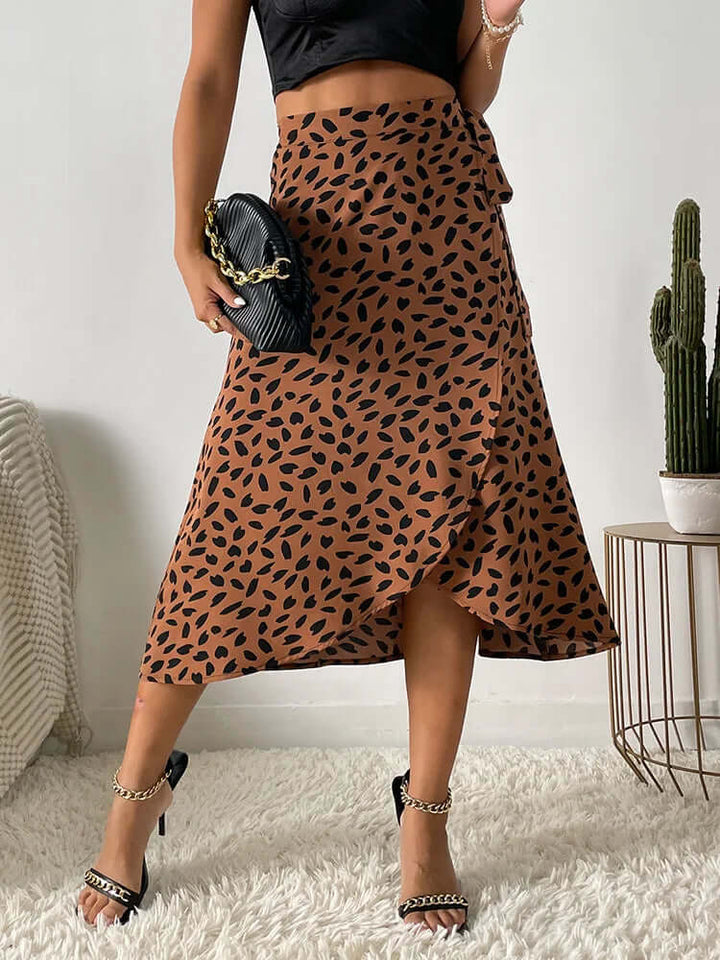 Women's Printed Midi Wrap Skirt with Asymmetrical Hem