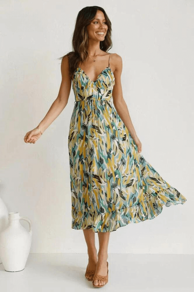 Women's Flowy Midi Sundress: A-Line, Sweetheart Neck, Ruffled Hem