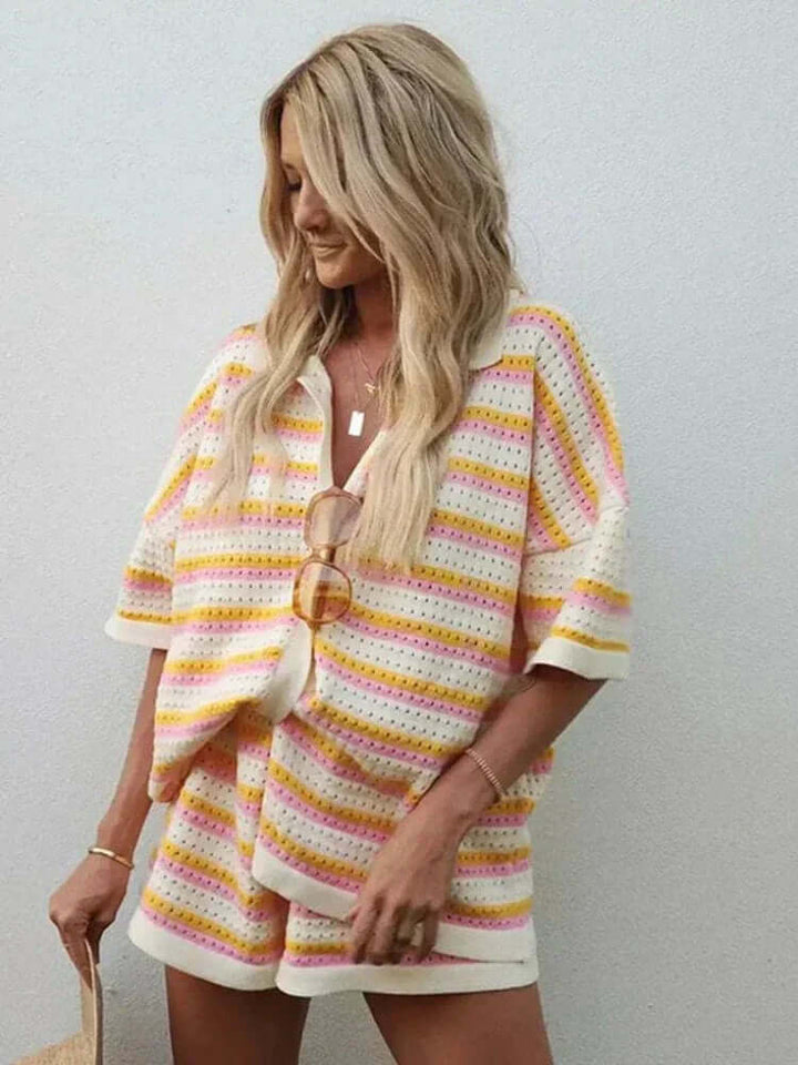 Women's Summer Knit Two-Piece Set: Striped Revere Collar Top & Shorts