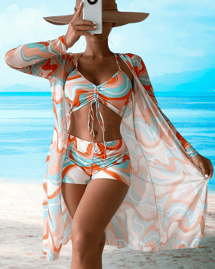 Women's 3-Piece Beachwear Set: Sheer Cardigan, Bikini Top & High-Waist Shorts