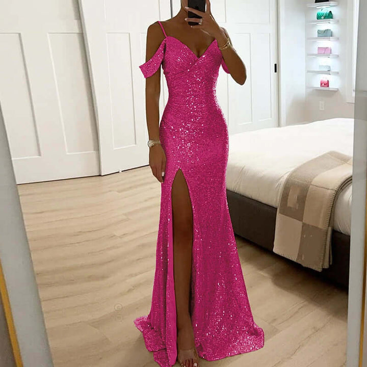 Sequined Off-Shoulder Evening Gown