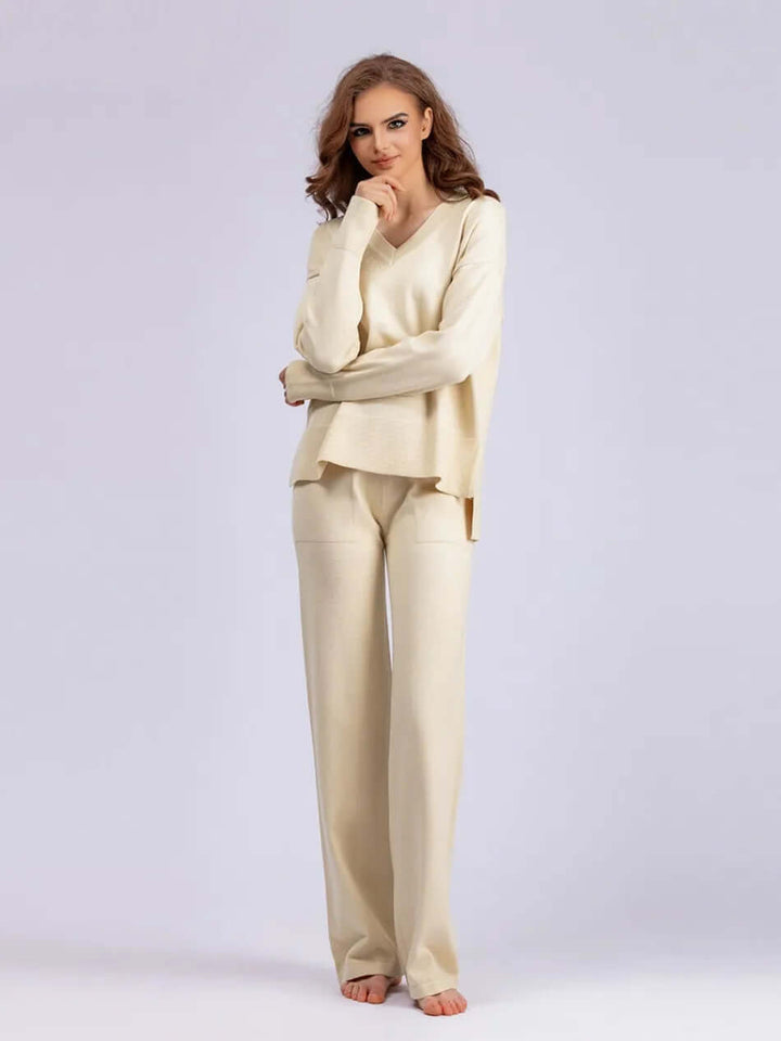 Women's V-Neck Sweater & Wide Leg Trousers Set