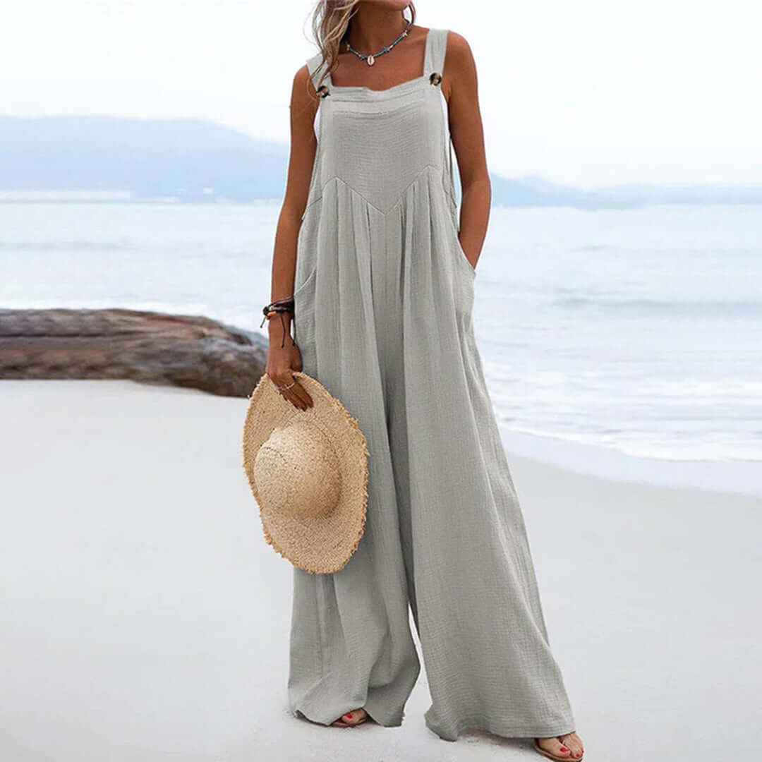 Women's Wide Leg Sleeveless Jumpsuit, Square Neck, Cotton
