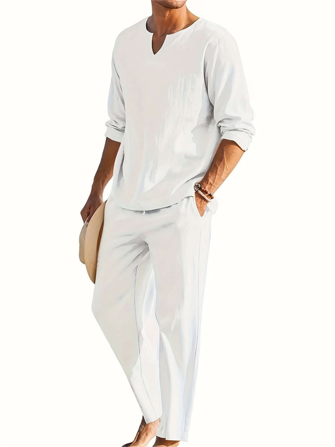 Men's Casual Two-Piece Outfit: V-Neck Top & Relaxed Trousers
