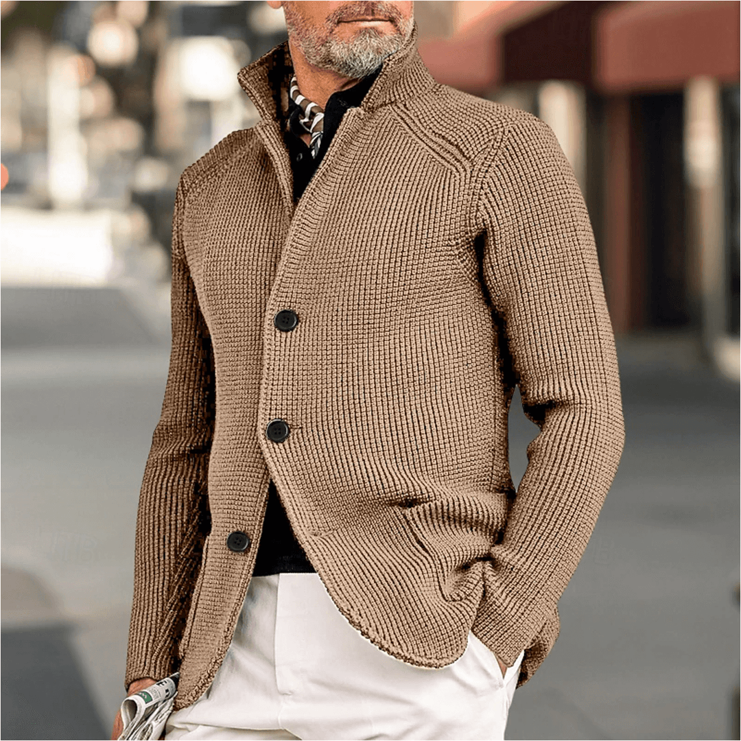 Men's Ribbed Knit Cardigan: Tailored Fit, High Collar