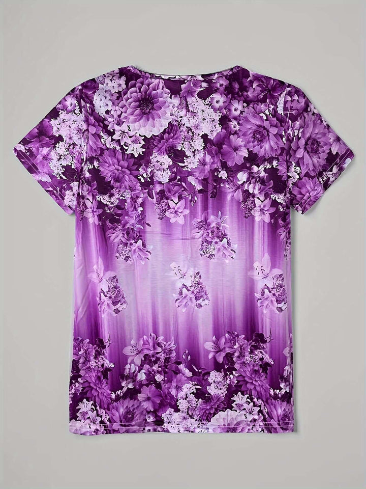 Women's Floral V-Neck Blouse, Relaxed Fit, Short Sleeves