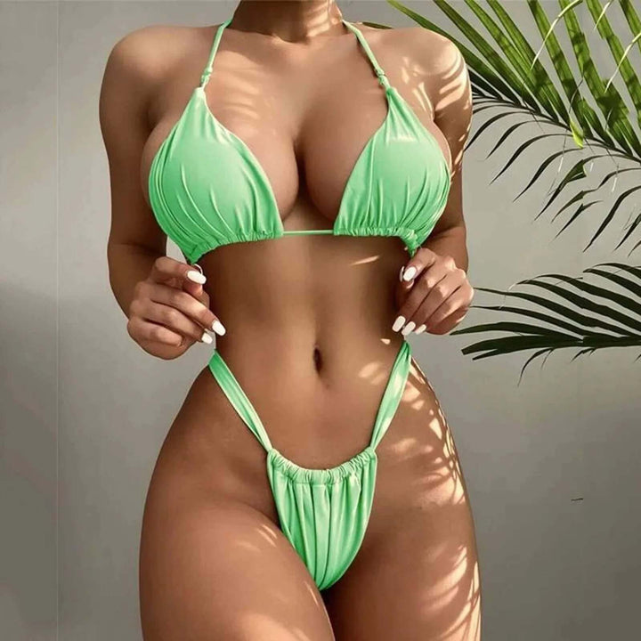 Women's Ruched Bikini Set: Adjustable Triangle Top & High-Cut Bottoms