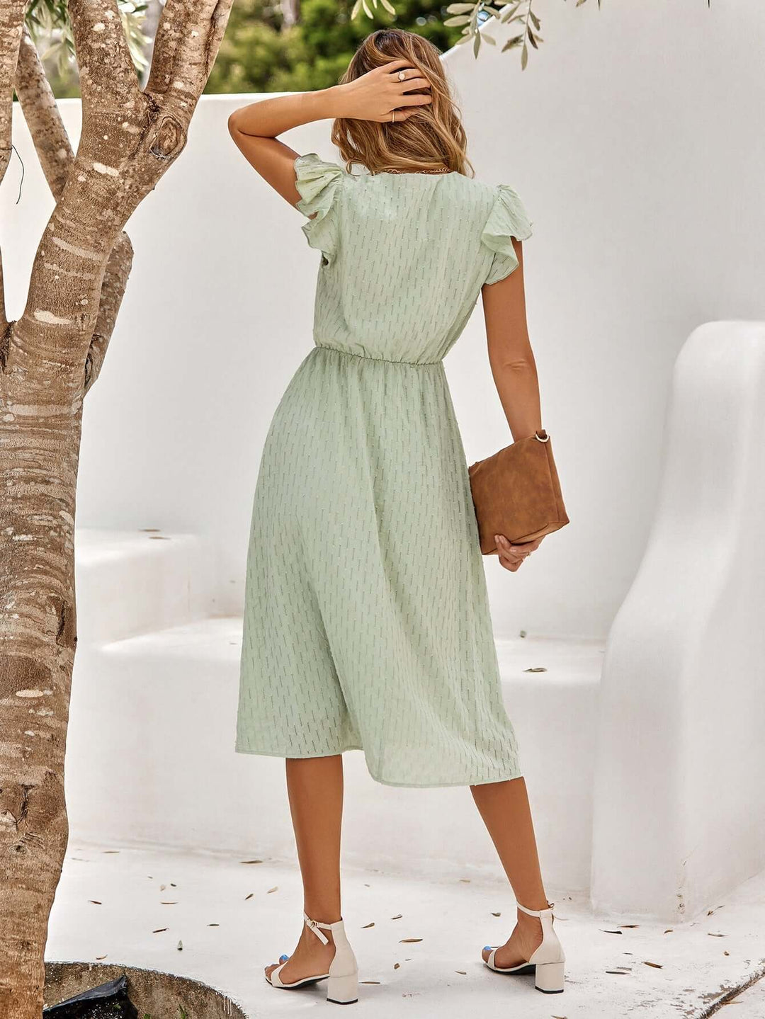 Women's Elegant Midi Dress: V-Neck, Ruffled Sleeves, Fitted Waist