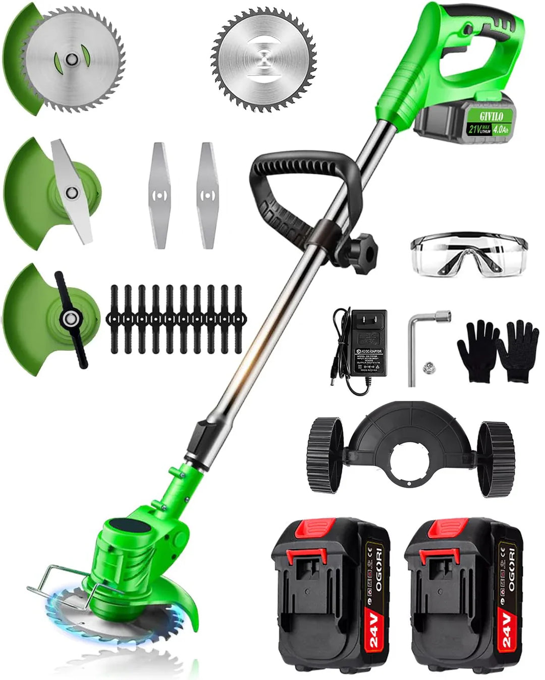 "24V cordless grass trimmer with adjustable length, shown in action trimming grass, lightweight ergonomic design for easy han