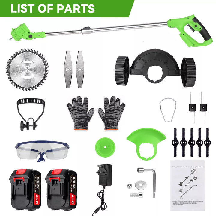 "24V cordless grass trimmer with adjustable length, shown in action trimming grass, lightweight ergonomic design for easy han