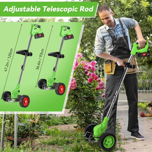 "24V cordless grass trimmer with adjustable length, shown in action trimming grass, lightweight ergonomic design for easy han