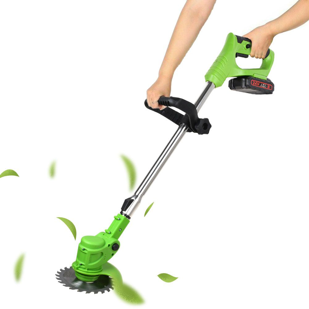 "24V cordless grass trimmer with adjustable length, shown in action trimming grass, lightweight ergonomic design for easy han