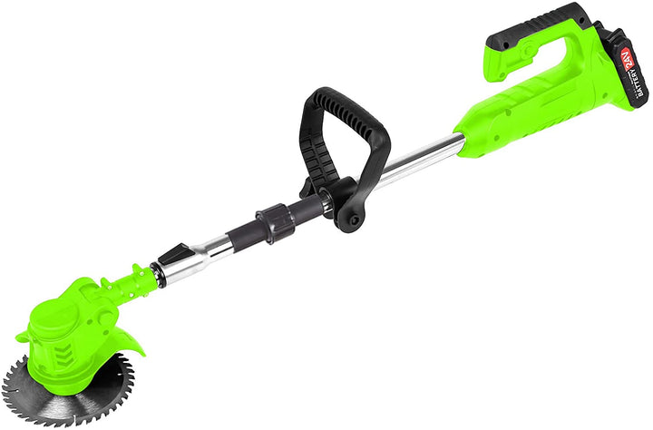 "24V cordless grass trimmer with adjustable length, shown in action trimming grass, lightweight ergonomic design for easy han