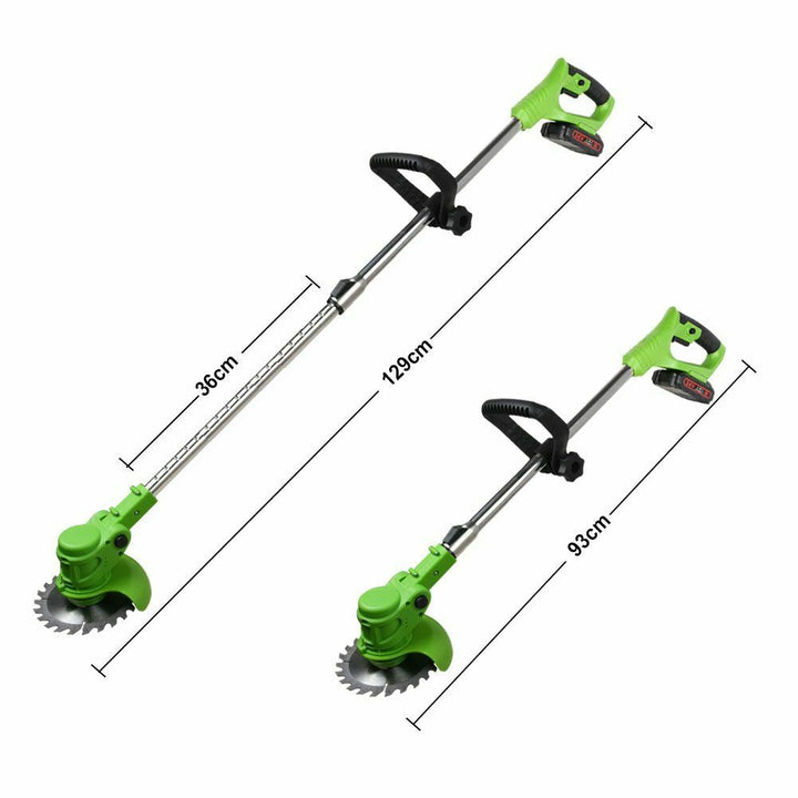 "24V cordless grass trimmer with adjustable length, shown in action trimming grass, lightweight ergonomic design for easy han