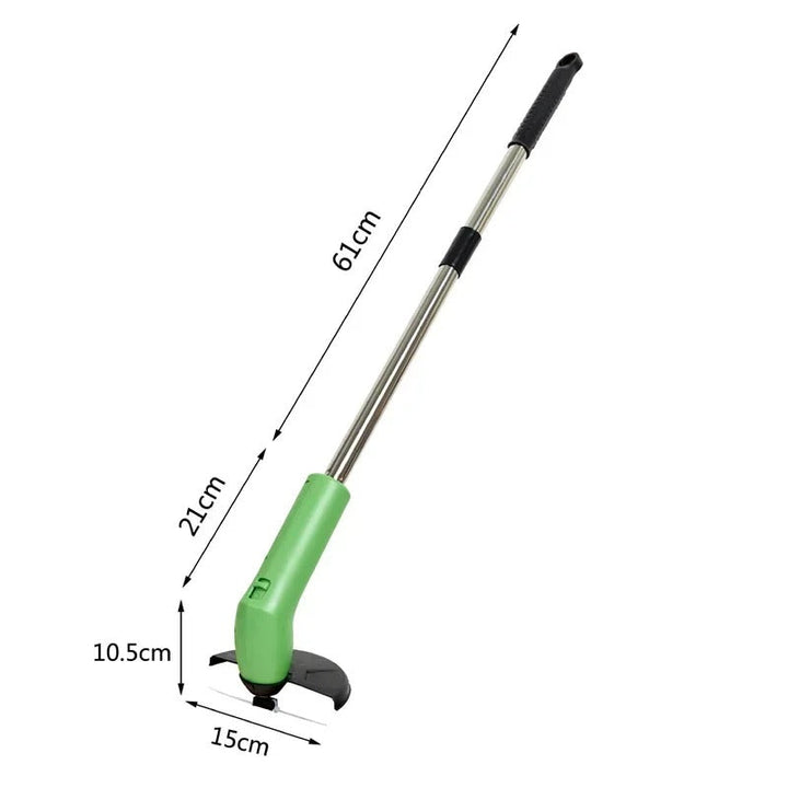 "24V cordless grass trimmer with adjustable length, shown in action trimming grass, lightweight ergonomic design for easy han