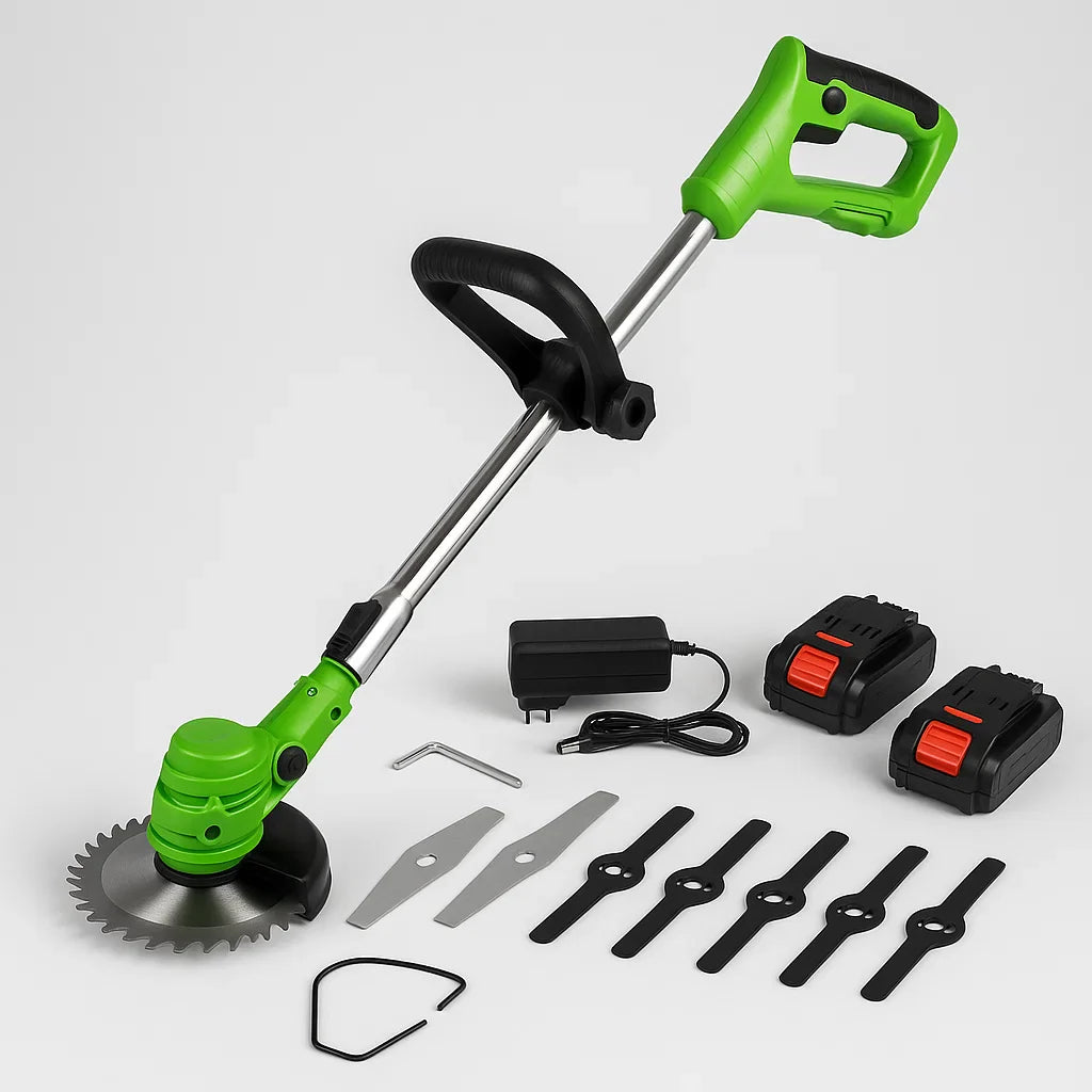 "24V cordless grass trimmer with adjustable length, shown in action trimming grass, lightweight ergonomic design for easy han