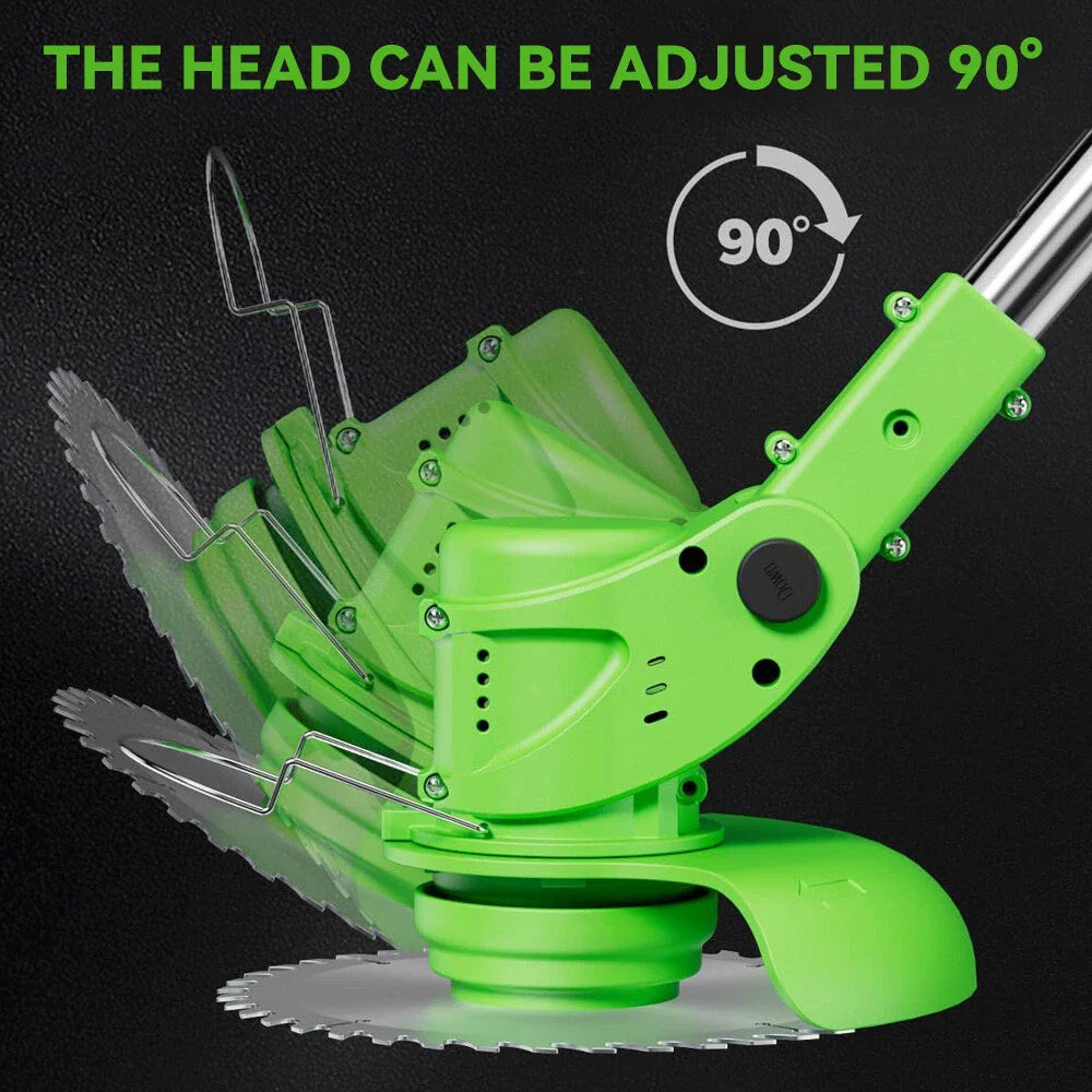 "24V cordless grass trimmer with adjustable length, shown in action trimming grass, lightweight ergonomic design for easy han