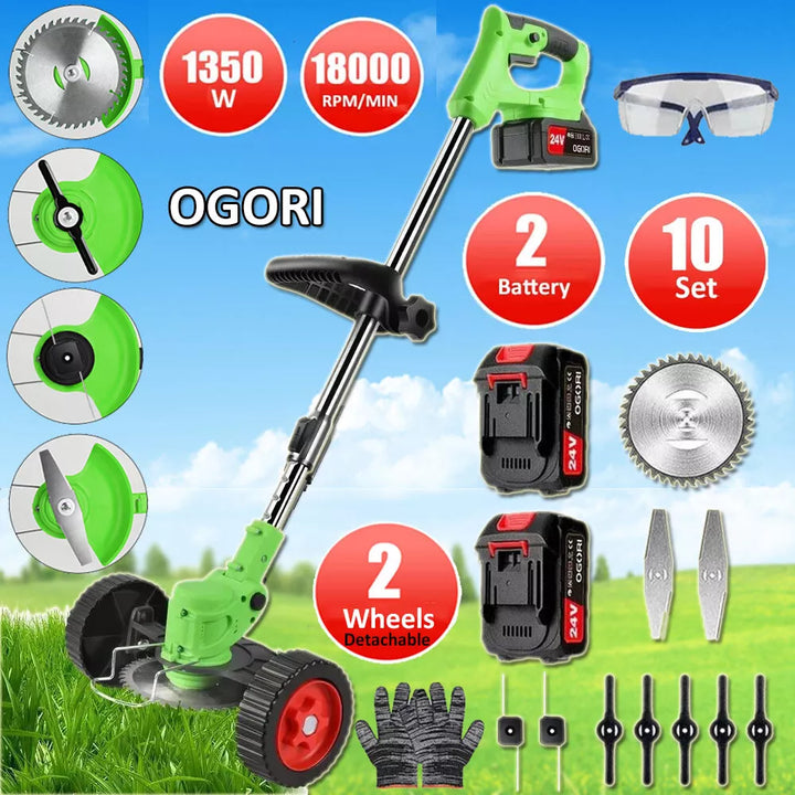 "24V cordless grass trimmer with adjustable length, shown in action trimming grass, lightweight ergonomic design for easy han