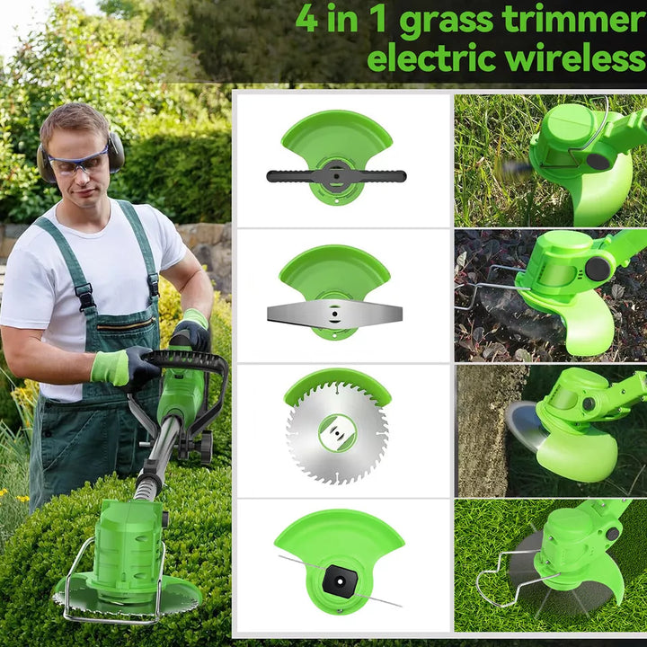 "24V cordless grass trimmer with adjustable length, shown in action trimming grass, lightweight ergonomic design for easy han