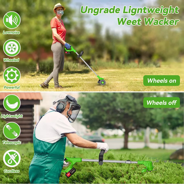 "24V cordless grass trimmer with adjustable length, shown in action trimming grass, lightweight ergonomic design for easy han