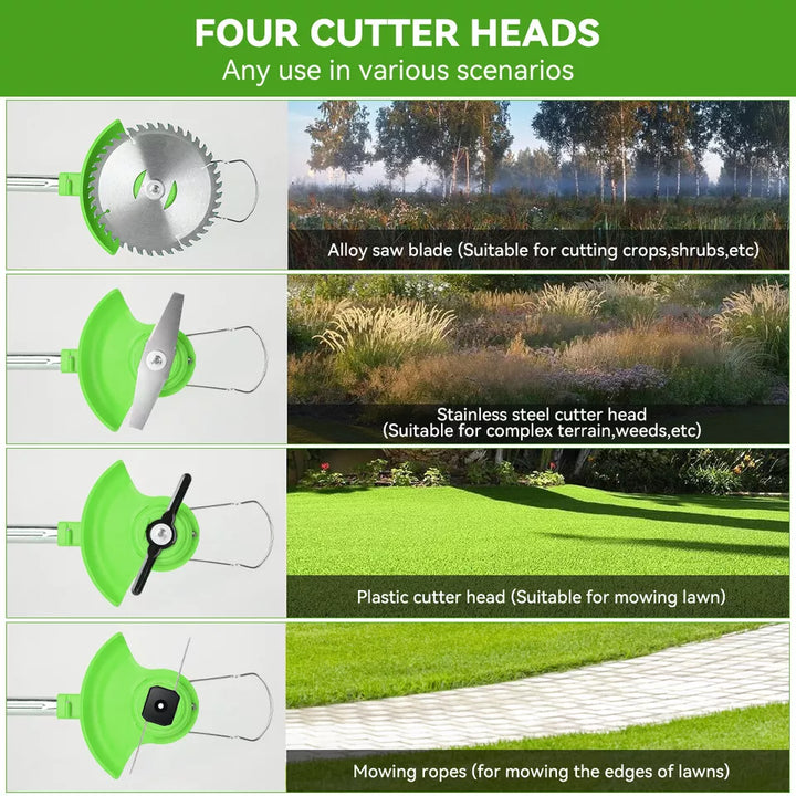 "24V cordless grass trimmer with adjustable length, shown in action trimming grass, lightweight ergonomic design for easy han