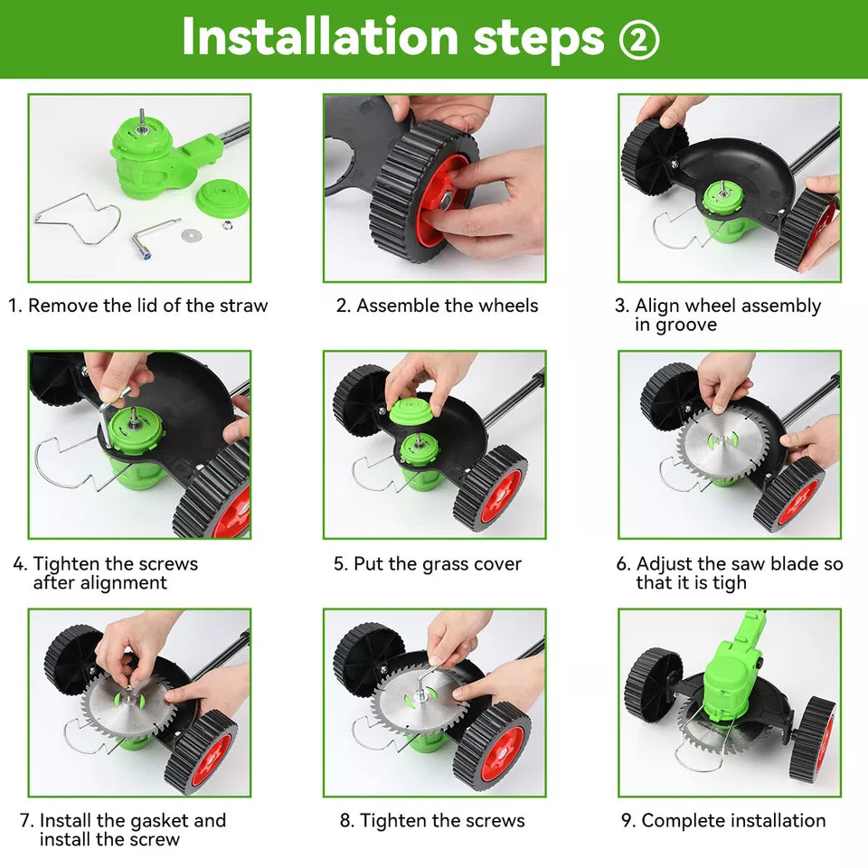 "24V cordless grass trimmer with adjustable length, shown in action trimming grass, lightweight ergonomic design for easy han