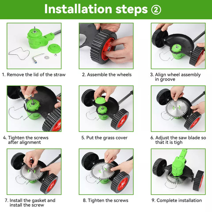 "24V cordless grass trimmer with adjustable length, shown in action trimming grass, lightweight ergonomic design for easy han