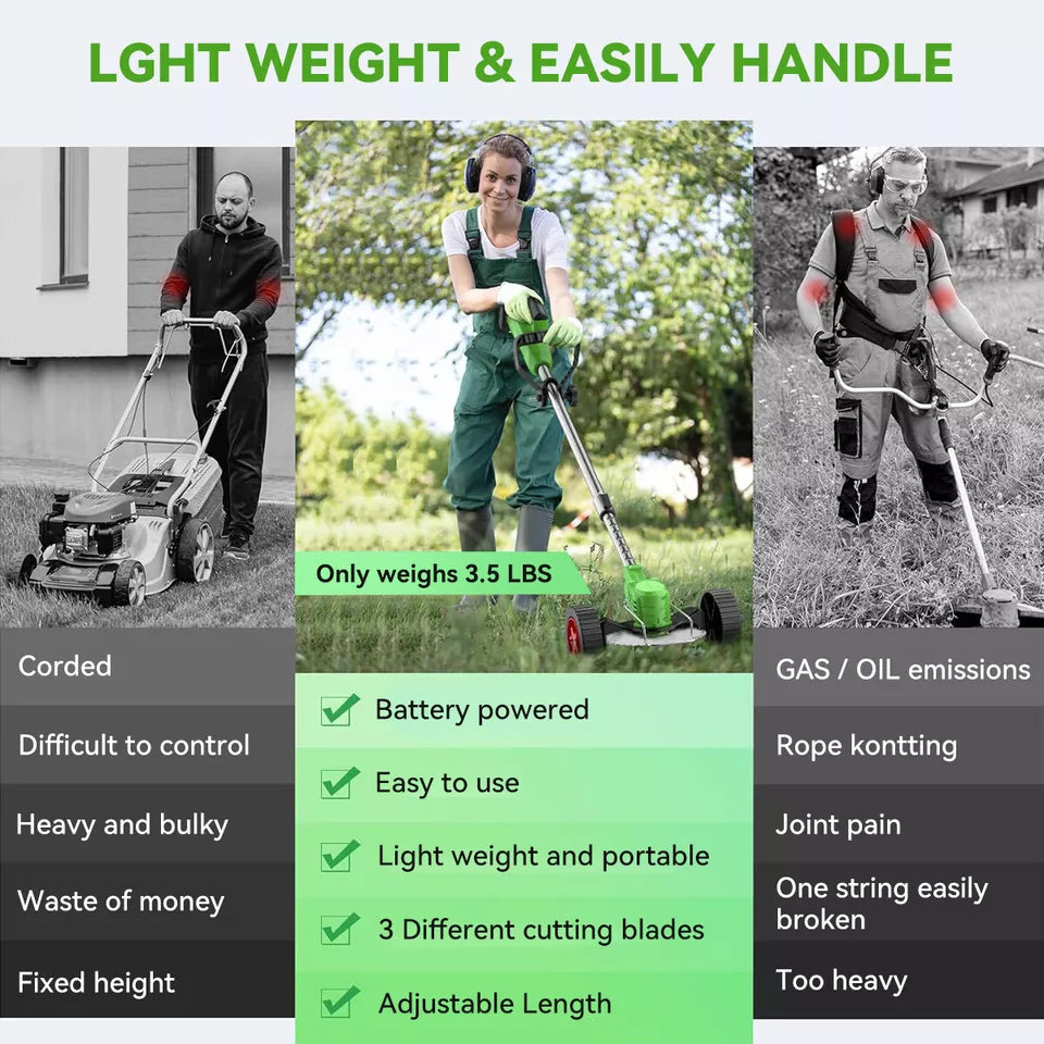 "24V cordless grass trimmer with adjustable length, shown in action trimming grass, lightweight ergonomic design for easy han