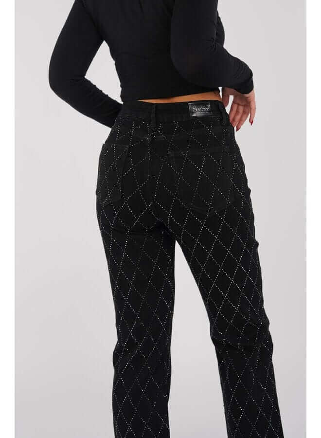 Women's Straight Leg Jeans: Diamond Pattern, Button Fly