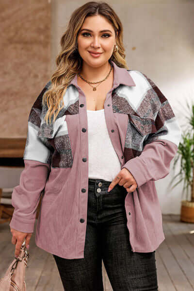 Plus Size Plaid Jacket: Women's Autumn/Winter Button-Front Pocket Jacket