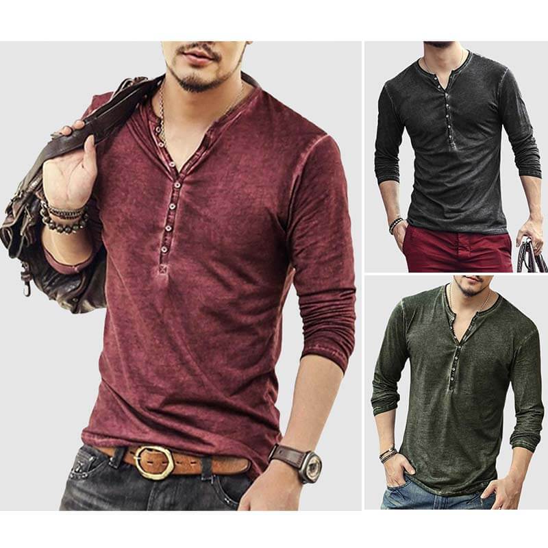 Men's Retro V-Neck Long-Sleeve Casual Shirt
